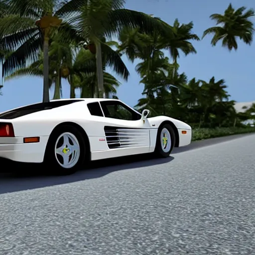 Image similar to a Ferrari Testarossa on a road next to a white sand beach with palm trees@in unreal engine