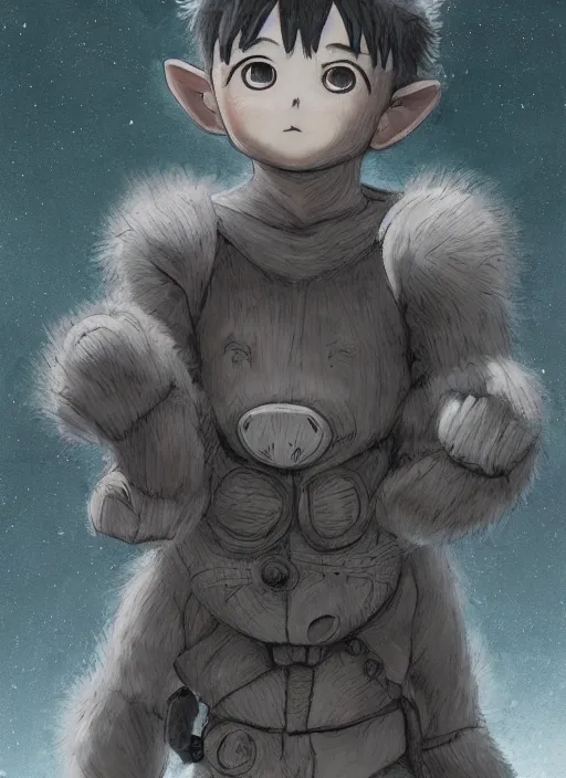 Image similar to beautiful little boy wearing an cyborg bear suit, artwork in kentaro miura and made in abyss and rosdraws, smooth, beautiful lightness, anatomically correct, trending on pixiv, forest