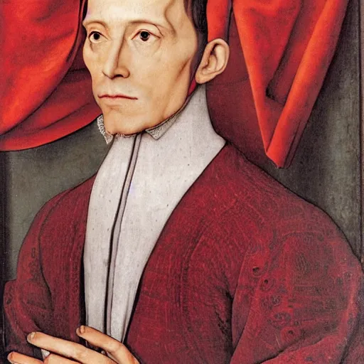 Image similar to a highly detailed portrait of miles edgeworth from ace attorney, inside a room with thick red tapestries, oil painting by hans holbein and alessandro allori and richard burbage