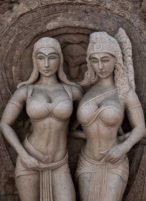 Prompt: photograph of a bas relief of lindsey pelas and gal gadot found in an ancient javanese temple, by charlotte grimm, natural light, detailed face, canon eos c 3 0 0, ƒ 1. 8, 3 5 mm, 8 k, medium - format print, half body shot