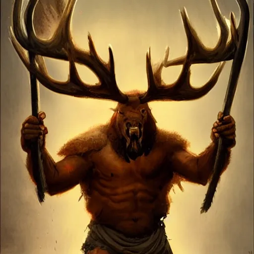 Image similar to one - legged barbarian with moose head by greg rutkowski