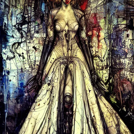 Image similar to woman wearing gown made of mech mask rendered in unreal engine, cyberpunk, rave, scifi, painted by albrecht durer | bernard buffet | carne griffiths | wlop