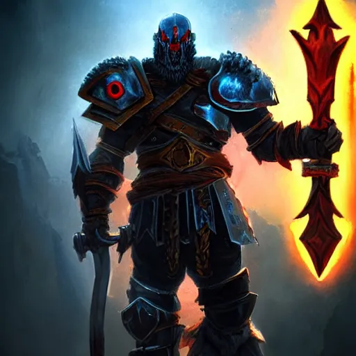 Image similar to Ares the god of war with heavy armor and sword, heavy knight helmet, dark sword in Ares's hand, war theme, bloodbath battlefield background, fiery battle coloring, hearthstone art style, epic fantasy style art, fantasy epic digital art, epic fantasy card game art