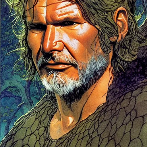 Prompt: a realistic and atmospheric portrait of harrison ford as a druidic warrior wizard looking at the camera with an intelligent gaze by rebecca guay, michael kaluta, charles vess and jean moebius giraud