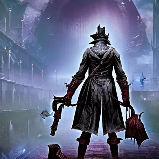 Image similar to hunter from bloodborne in a retro futuristic city, retrofuturism, concept art by yoshiyuki tomino, behance contest winner, toonami, redshift, official art