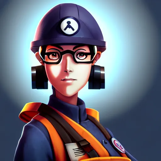 Image similar to beautiful anime style digital painting portrait of engineer woman from team fortress 2 by valve, 4 k, 8 k, hd, high resolution, highly detailed, intricate detail, ultra realistic faces, digital art, trending on artstation, team fortress 2