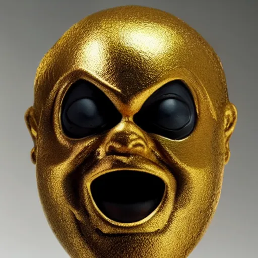 Image similar to Photo of an Evil moon-face action figure, japanese action figure, head looks like a moon, horror, gold and black color scheme