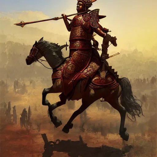 Image similar to byzantine cataphract mounted on horseback, by marc simonetti