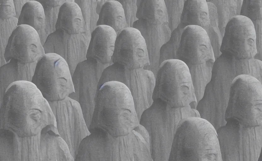 Image similar to screenshot of multiple grey Jedi statues by Zdzisław Beksiński, from 1970s star wars film thriller directed by Stanley Kubrick, iconic scene, 4k UHD still frame, windy hair, cinematic lighting, stunning cinematography, hyper detailed scene, anamorphic lenses, kodak color film stock