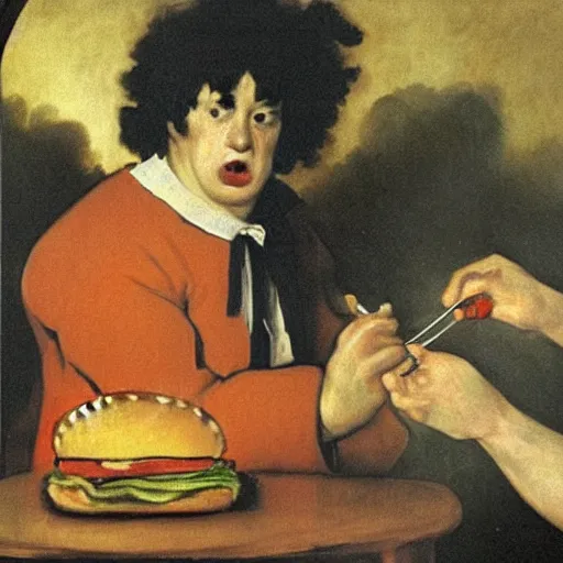 Prompt: ronald mcdonald eating a burger, art by francisco goya, gruesome, dark