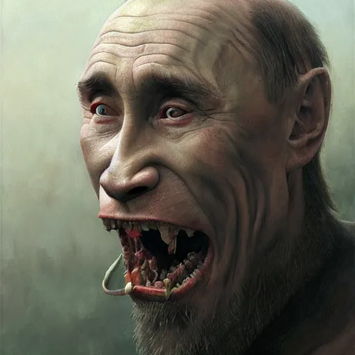 Prompt: vladimir putin, putin is bald caveman, awe face, toothless, saw teeth, reptile eyes, peeling skin, horror macabre face, clown nose, by donato giancola and greg rutkowski and wayne barlow and zdzisław beksinski, realistic face, digital art