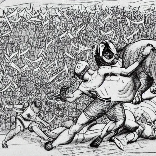 Image similar to hero wrestling against a lion in the middle of an arena, crowd of people, pencil art, added detail, high definiton, colored, aerial view