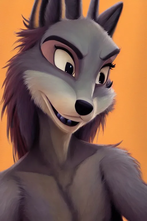 Image similar to oil painting of anthromorphic female wolf, in style of zootopia, female fursona, furry, furaffinity, 4 k, deviantart, furry art, fursona art, wearing black business suit, business suit, wolf fursona, cyberpunk, female, very expressive detailed feminine face,