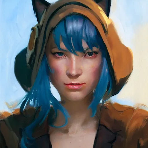 Image similar to Greg Manchess portrait painting of a cyborg cat girl, medium shot, asymmetrical, profile picture, Organic Painting, sunny day, Matte Painting, bold shapes, hard edges, street art, trending on artstation, by Huang Guangjian and Gil Elvgren and Sachin Teng