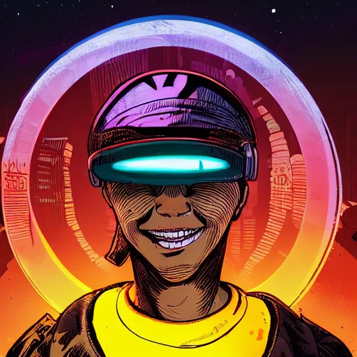 Prompt: in the style of ghostshrimp and deathburger and laurie greasley a young mixed race male explorer wearing a cyberpunk headpiece who is smiling whilst exploring a luminescent field at nighttime, low angle fish eye lens, highly detailed, 8k wallpaper