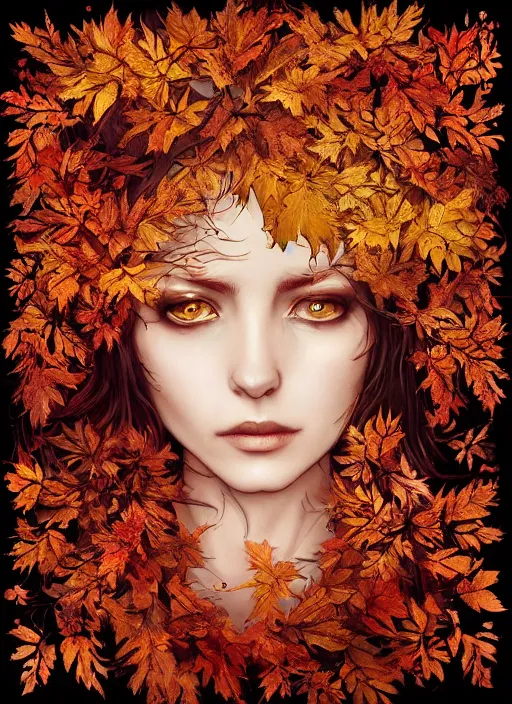 Prompt: gold red black color, golden leaves at frame border, creative!!! composition for a book cover!!!, absurdly beautiful, ultrafine hyperrealistic detailed old witch face by wlop and artgerm and greg rutkowski, intricate linework, sharp focus, smooth, octopath traveler, final fantasy, unreal engine, dramatic lighting, ethereal, 8 k