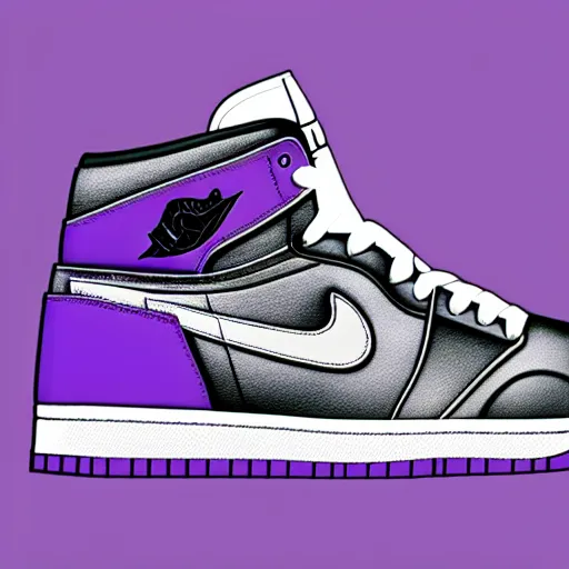 Image similar to nike air jordans, high tops, plain purple background, 3 d, render, realistic