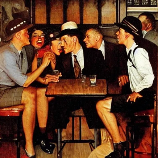 Prompt: 1 9 3 0 s chicago speakeasy, painting by norman rockwell