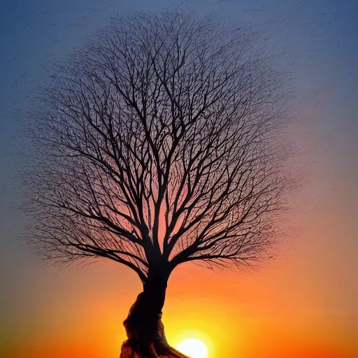 Image similar to a dancing tree at sunset, a very detailed sharp photo, masterpiece, trending on artstation, cinematic lighting, surreal