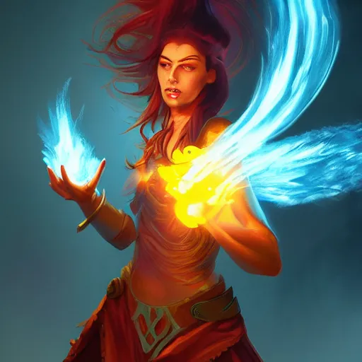 Prompt: Sorceress casting a fireball spell, digital painting, artstation, Magic The Gathering card illustration