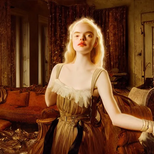Image similar to leyendecker and peter paul rubens, head and shoulders portrait of a elle fanning, nighttime, interior of a flooded living room, unreal engine, fantasy art by global illumination, radiant light, detailed and intricate environment
