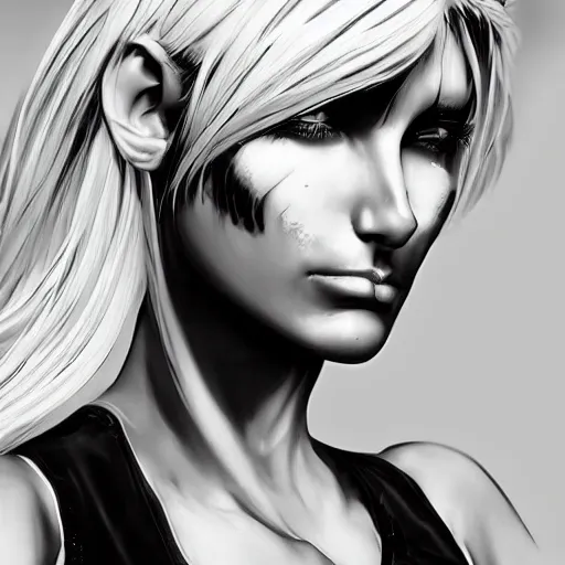 Image similar to epic professional digital art of a young woman with black and white hair looking disgusted away from the camera, Punk, best on artstation, cgsociety, wlop, Behance, pixiv, cosmic, stunning, gorgeous, much detail, much wow, masterpiece