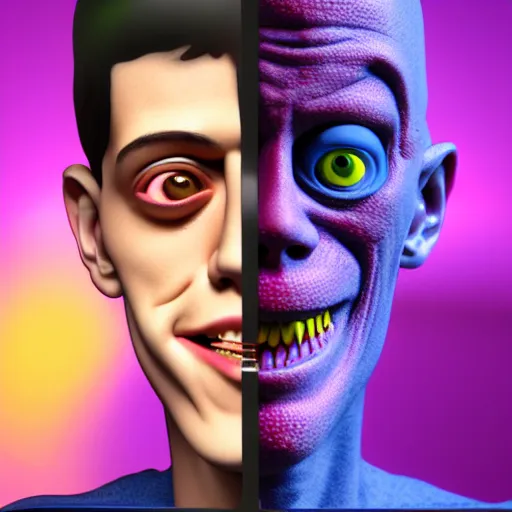 Image similar to a detailed 3 d render of a sad pete davidson poorly disguised as a cyborg in the style of junji ito and lisa frank, vray, 8 k, ornate, photorealistic, zbrush, unreal engine, cinema 4 d, octane renderer