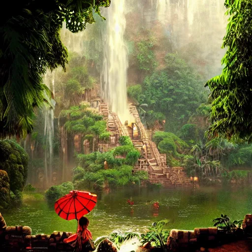 Prompt: aztec jungle village, ornate, beautiful, atmosphere, mist, vibe, smoke, beautiful, rain, reflection, pristine, puddles, waterfall, melting, dripping, wild look, mattepainting concept blizzard pixar maya engine splash comics global illumination lighting artstation, sharp focus, norman rockwell