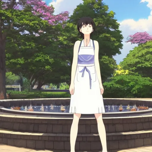 Image similar to a full body portrait of a young woman wearing a white apron standing in front of a fountain in a park, makoto shinkai, very detailed, by William-Adolphe