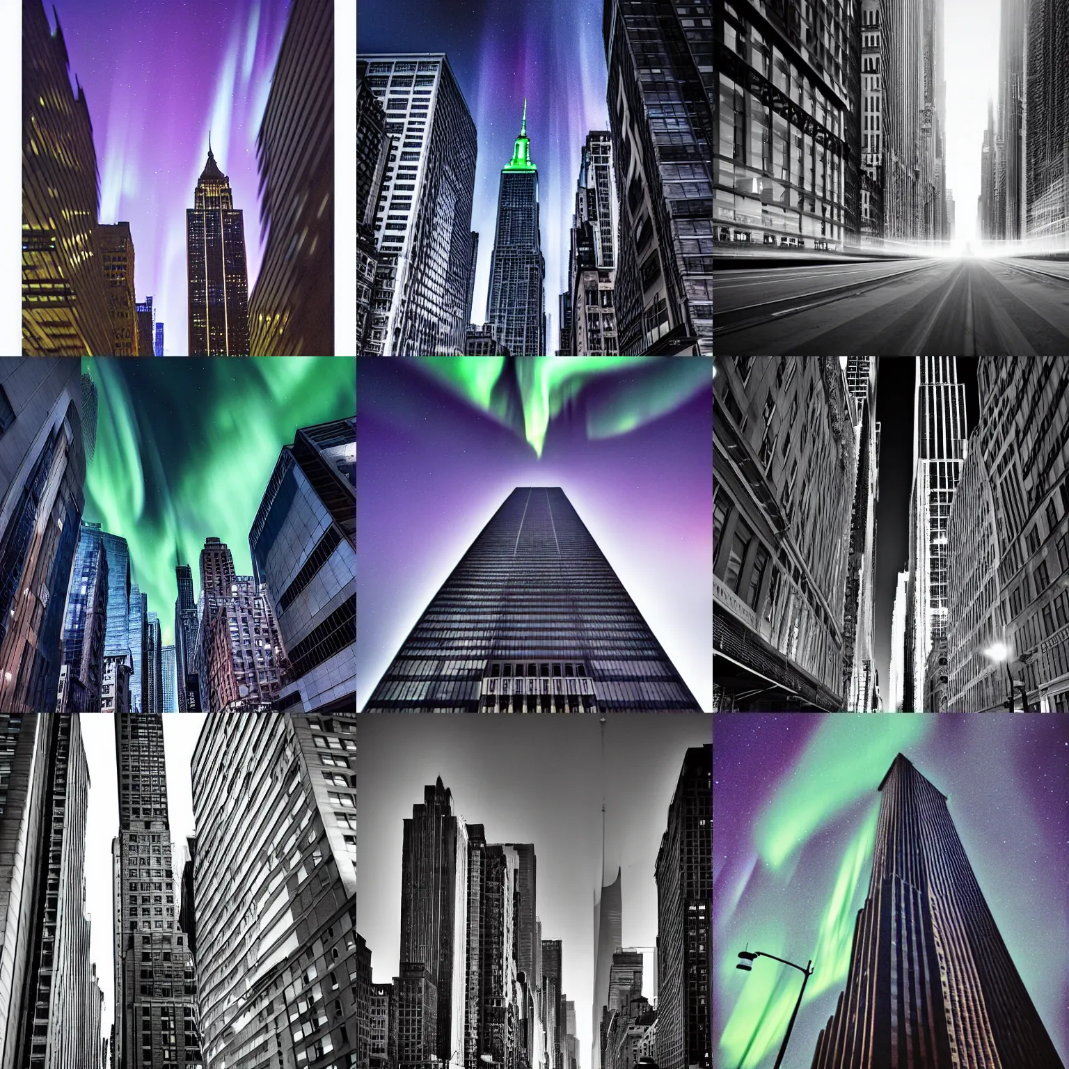 Prompt: vanishing point, skyscraper in the streets of new york city at night, atmospheric, northern lights, award winning photo