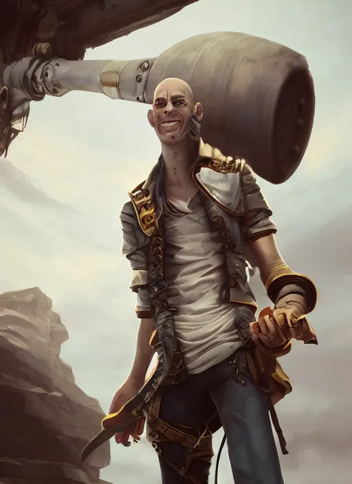 Image similar to An epic fantasy comic book style portrait painting of a skinny white bald sky-pirate with a goofy expression sitting in front of a ship's cannon, unreal 5, DAZ, hyperrealistic, octane render, cosplay, RPG portrait, dynamic lighting