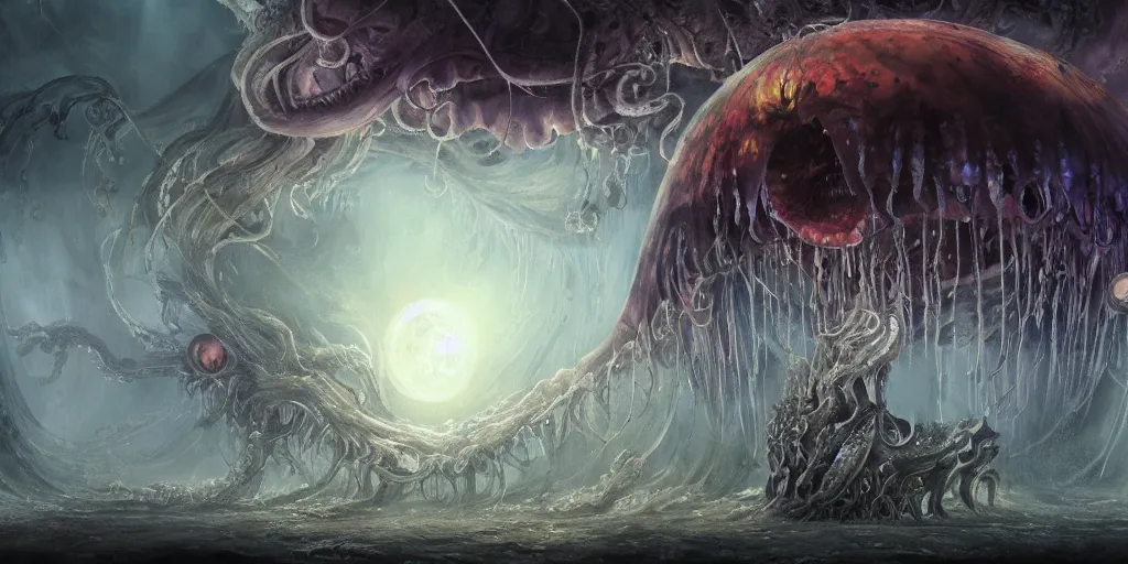 Image similar to concept art of giant translucent jellyfishes, lovecraftian, lots of teeth, melting horror, round moon, rich clouds, fighting the horrors of the unknown, high resolution, very detailed, roaring, volumetric light, mist, grim, fine art, decaying, textured oil over canvas, epic fantasy art, very colorful, ornate, anato finnstark