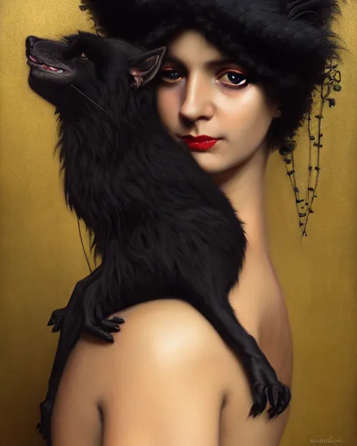 Prompt: a portrait of black furry shadow monster who is carrying a beautiful girl in his arms, background of deep shadows, illustration, dramatic lighting, soft details, painting oil on canvas, art nouveau, octane render, HDR, 4k, 8k, HD, by Edmund Blair Leighton, Brom, Charlie Bowater, trending on artstation, Tom Bagshaw, faces by otto Schmidt