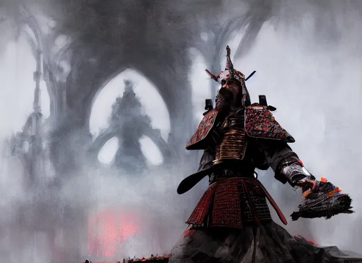 Image similar to samurai is on his knees, there is chaos around, volumetric lighting, digital painting, highly detailed, artstation, sharp focus, illustration, concept art, ruan jia, steve mccurry, amazing composition, gothic arch frame