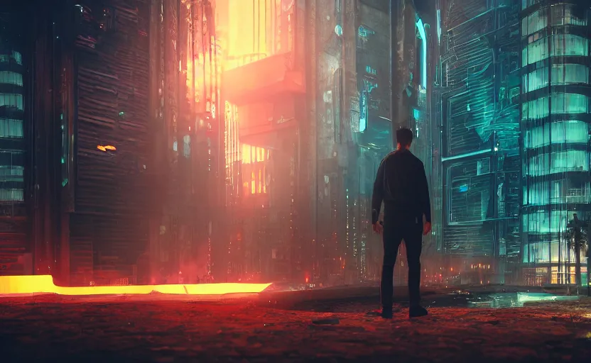 Image similar to a 3 d render of a person standing in the ruins a futuristic city with fires and plumes of smoke in the background, cyberpunk with lights and electricity and neon, bokeh, canon 5 0 mm, cinematic lighting, volumetric light, octane, octane render, redshift render