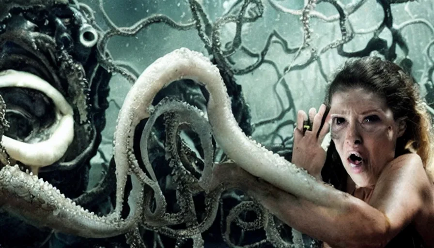 Image similar to Big budget horror movie, a woman watches in horror as a cyborg fights a giant squid