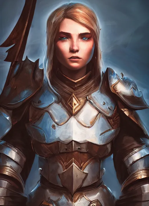 Image similar to A fantasy comic book style portrait painting of a 20 year old female as a paladin in a atmospheric dark fortress, unreal 5, DAZ, hyperrealistic, octane render, RPG portrait, ambient light, dynamic lighting