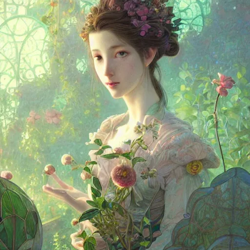 Image similar to aerith gainsborough, intricate, elegant, highly detailed, smooth, sharp focus, award - winning, masterpiece, in the bloom greenhouse, atmospheric lighting, perfect shadow, in the style of tom bagshaw, cedric peyravernay, peter mohrbacher, louis comfort tiffany, victo ngai, pinterest, 4 k hd illustrative wallpaper, chinese style