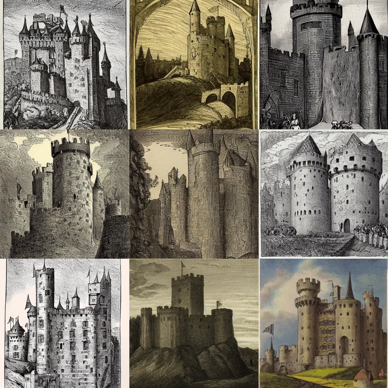 Prompt: medieval castle, john tenniel