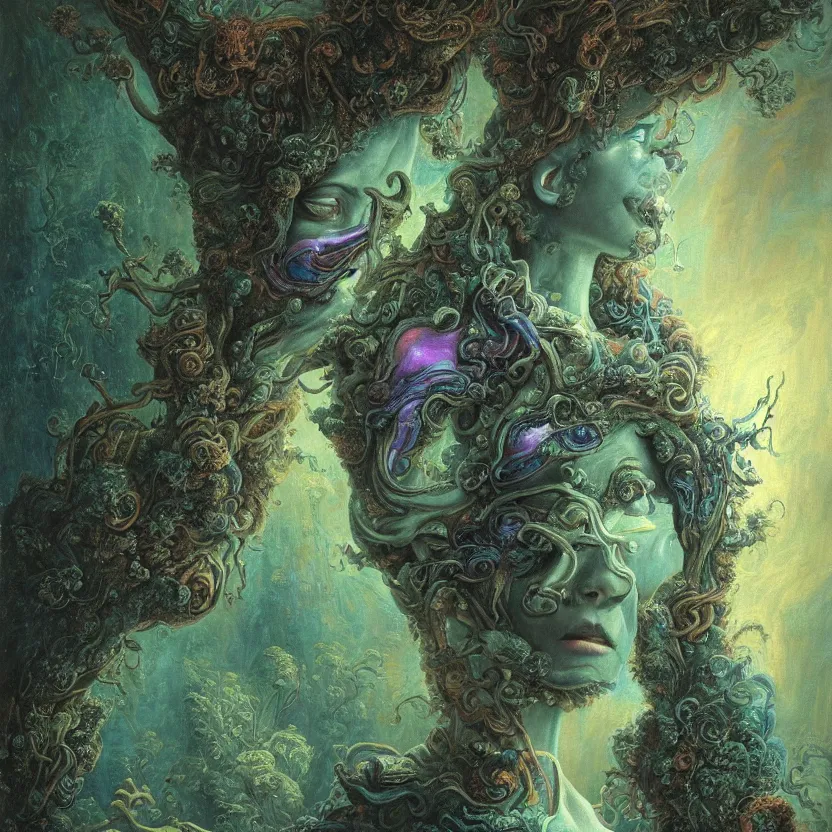 Prompt: a close - up rococo portrait of an iridescent alien elf - like creature with futuristic features standing in water, moss, and swamp. night time. rich colors, high contrast. gloomy, highly detailed 1 8 th century sci - fi fantasy masterpiece painting by jean - honore fragonard, moebius, and johfra bosschart. artstation