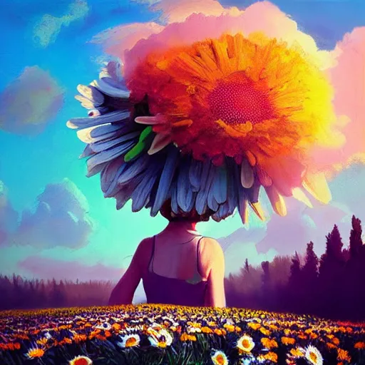 Image similar to girl with a giant daisies head, surreal photography, flower field, sunset dramatic light, impressionist painting, colorful clouds, blue sky, digital painting, artstation, simon stalenhag