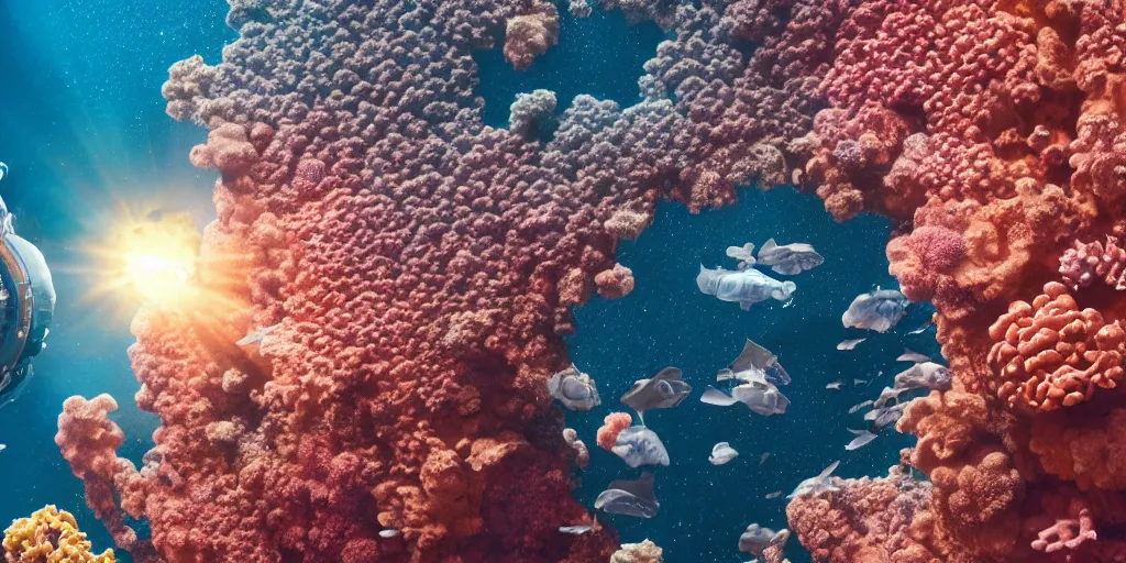 Image similar to astronauts find a coral reef on the moon. 4 k film still image. christopher nolan. in the style of interstellar. colorful corals. magical. lens flare