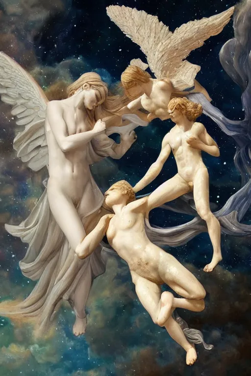 Image similar to angel falling to andromeda, very high resolution images, very fine details, looks very realistic, rennaissance style painting, drawn by yulia iosilzon, and simone graci, plus a touch from raden pious in the depth of color and emotion