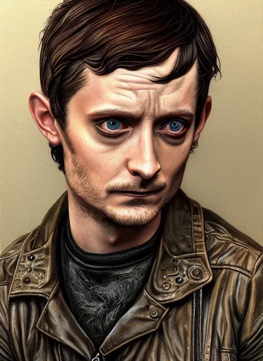 Image similar to portrait of elijah wood, gritty, dark, wearing a leather jacket, very detailed eyes, hyperrealistic, very detailed painting by Glenn Fabry, by Joao Ruas, by Artgerm