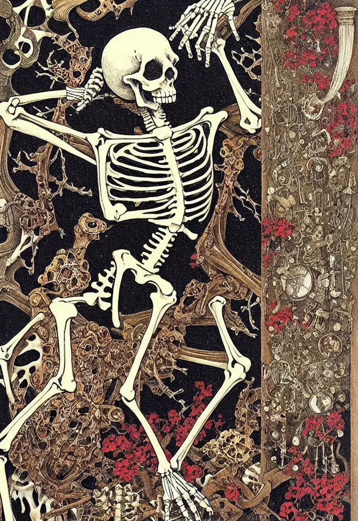 Image similar to prompt: old Victorian painting frame made out of skeleton and trinkets drawn by Takato Yamamoto, alchemical objects inspired by 1980's sci-ci, old experimentation cabinet, intricate oil painting detail, manga 1980