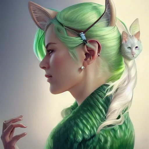 Image similar to ultra realistic illustration, dream girl with white hair, with light green eyes, with cat ears, in a sundress, intricate, elegant, highly detailed, digital painting, artstation, concept art, smooth, sharp focus, illustration, art by artgerm and greg rutkowski and alphonse mucha