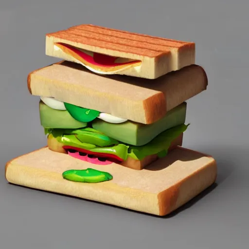 Image similar to a anthropomorphic cartoon sandwich eating itself, 3D render, realistic, 4K