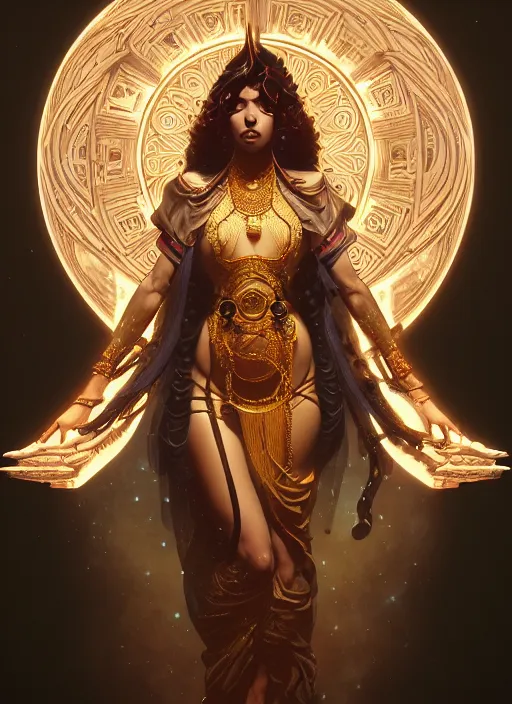 Image similar to Divine cosmic female power, glyphs, magic, artstation, high contrast, dramatic lighting, cgsociety, very detailed, intricate, detailed illustration, by artgerm and greg rutkowski and alphonse mucha, octane render, unreal engine, hyperrealism