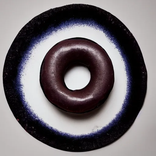 Image similar to Perfectly circular donut!!!!! in the style and shape of a blackberry!!!!!!, blended colors!!!!!, trending on artstation, 4k, 8k, professional photography, overhead shot, 35mm lens