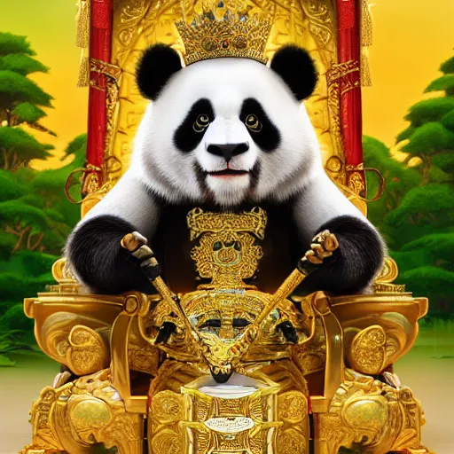 Image similar to panda king on a gilded throne, raising a staff encrusted with jewels, jungle scene, octane render, by tokaido